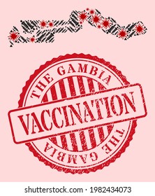 Vektormosaik der Gambia-Karte des Corona-Virus, Dosissymbole und roter Grunge-Impfstempel. Viruspartikel und Spritzpartikel in der Gambia-Karte.