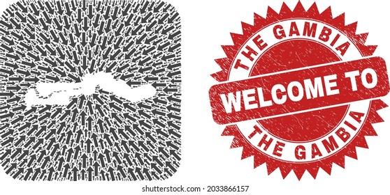 Vector mosaic the Gambia map of immigration arrows and scratched Welcome seal stamp. Mosaic geographic the Gambia map designed as stencil from rounded square with arrows.