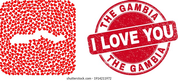 Vector mosaic the Gambia map of love heart items and grunge love seal stamp. Mosaic geographic the Gambia map designed as subtraction from rounded square shape with valentine hearts.