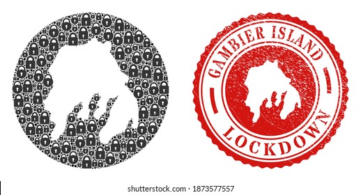 Mosaico vectorial Isla Gambier mapa de cerraduras y sello LOCKDOWN grunge. Mapa geográfico de la isla de Gambier Mosaico diseñado como esténcil de forma redonda con cerraduras negras.