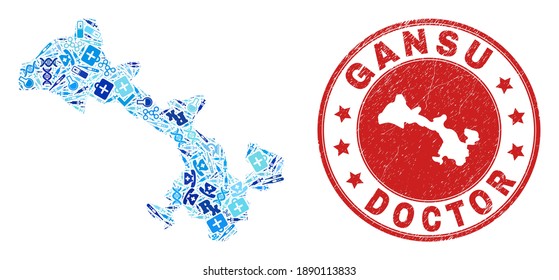 Vector mosaic Gansu Province map with medical icons, labs symbols, and grunge doctor rubber imitation. Red round seal with grunge rubber texture and Gansu Province map caption and map.