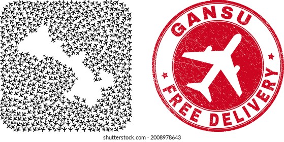 Vector mosaic Gansu Province map of aviation elements and grunge Free Delivery seal stamp.