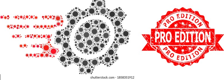 Vector mosaic gear of covid-2019 virus, and Pro Edition unclean ribbon seal. Virus items inside gear mosaic. Red stamp seal has Pro Edition text inside ribbon.