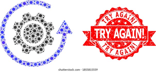 Vector mosaic gear rotation of covid-2019 virus, and Try Again! corroded ribbon seal imitation. Virus particles inside gear rotation mosaic. Red stamp seal contains Try Again! title inside ribbon.