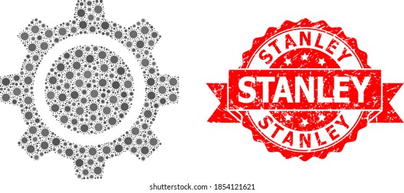 Vector mosaic gear wheel of corona virus, and Stanley grunge ribbon stamp. Virus elements inside gear wheel mosaic. Red stamp seal contains Stanley title inside ribbon.