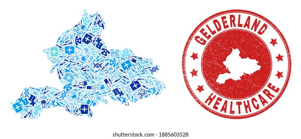 Vector mosaic Gelderland Province map with vaccination icons, labs symbols, and grunge healthcare watermark. Red round watermark with grunge rubber texture and Gelderland Province map caption and map.
