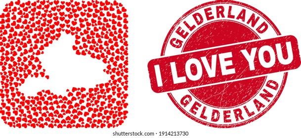 Vector mosaic Gelderland Province map of lovely heart elements and grunge love stamp. Mosaic geographic Gelderland Province map constructed as subtraction from rounded square shape with lovely hearts.