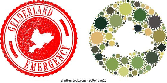 Mapa de la provincia de Gelderland de mosaicos vectoriales de elementos del virus de la ciruela y sello de EMERGENCIA grunge.