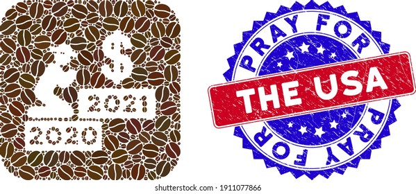 Vector mosaic gentleman pray dollar 2021 and grunge bicolor Pray For The USA stamp. Mosaic gentleman pray dollar 2021 constructed as carved shape from rounded square with coffee seeds.