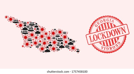 Mapa del virus de la corona en el mosaico vectorial de Georgia, hombres enmascarados y sello de bloqueo de grunge rojo. Células de virus y hombres enmascarados dentro del mapa de Georgia. Sello rojo con textura de caucho grueso y leyenda LOCKDOWN.