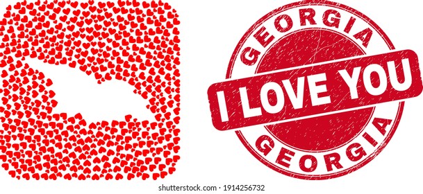 Vector mosaic Georgia map of valentine heart elements and grunge love seal. Mosaic geographic Georgia map designed as stencil from rounded square shape with valentine hearts.