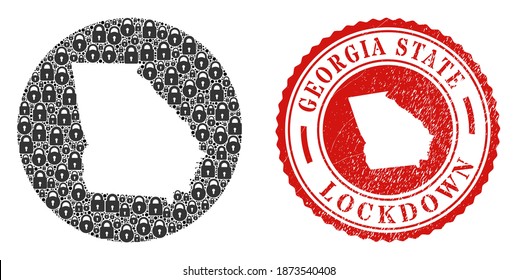 Vector mosaic Georgia State map of locks and grunge LOCKDOWN stamp. Mosaic geographic Georgia State map constructed as carved shape from round shape with black locks.