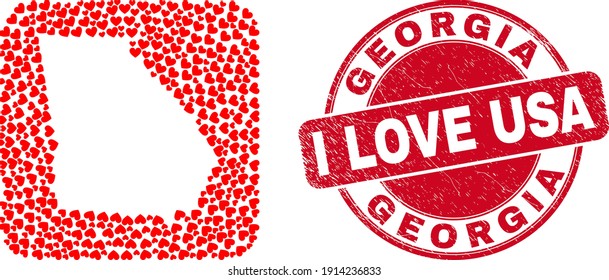 Vector mosaic Georgia State map of love heart items and grunge love seal. Mosaic geographic Georgia State map constructed as carved shape from rounded square with love hearts.