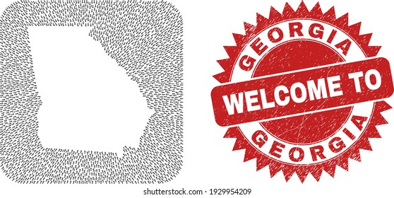 Vector mosaic Georgia State map of motion arrows and rubber Welcome seal. Mosaic geographic Georgia State map created as hole from rounded square with delivery arrows.
