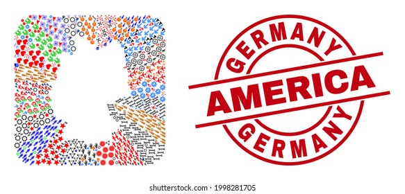 Vector mosaic Germany map of different symbols and Germany America stamp. Mosaic Germany map designed as carved shape from rounded square shape. Red round badge with Germany America word.