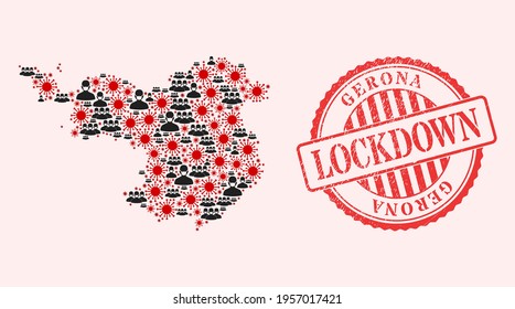 Vector mosaic Gerona Province map of covid-2019 virus, masked people and red grunge lockdown seal stamp. Virus elements and people in masks inside Gerona Province map.