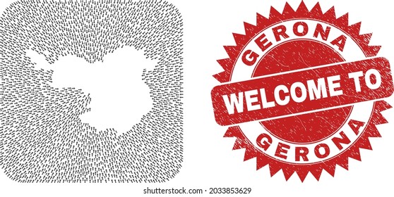 Vector mosaic Gerona Province map of navigation arrows and rubber Welcome seal stamp. Mosaic geographic Gerona Province map designed as carved shape from rounded square with delivery arrows.