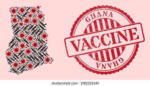 Vector mosaic Ghana map of flu virus, dose icons, and red grunge vaccination stamp. Virus particles and syringe needles inside Ghana map. Red stamp with unclean rubber texture and vaccination tag.