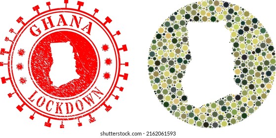Vector mosaic Ghana map of flu virus icons and grunge LOCKDOWN seal stamp. Mosaic geographic Ghana map designed as subtraction from round shape with flu virus items in khaki military color hues.