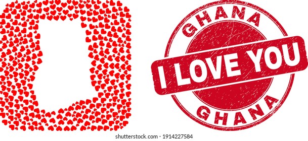 Vector mosaic Ghana map of love heart items and grunge love badge. Collage geographic Ghana map created as stencil from rounded square shape with valentine hearts.