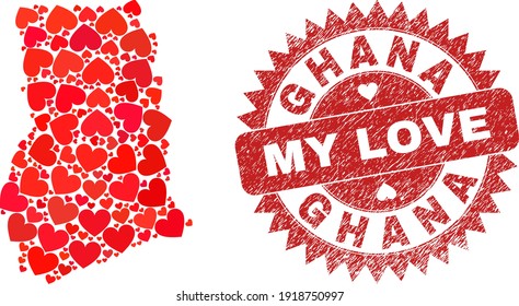 Mapa de mosaicos vectoriales de Ghana de elementos valentinos del corazón y estampado de sello de sello de My Love. Mapa de Ghana geográfico de collage diseñado usando corazones valentinos.