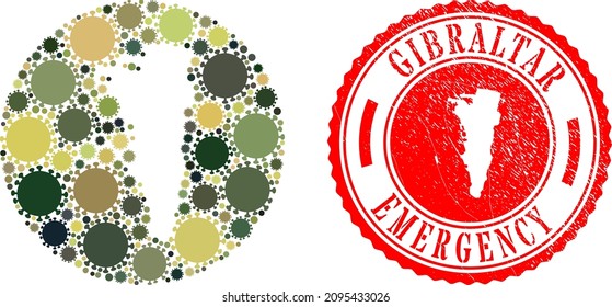 Mapa de Gibraltar con mosaico vectorial de iconos cóvidos y sello de EMERGENCIA grunge. Mapa geográfico de Gibraltar Mosaico diseñado como esténcil de forma redonda con iconos covid-2019 en tonos de color ejército de camuflaje.