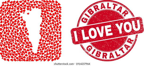 Vector mosaic Gibraltar map of love heart items and grunge love stamp. Mosaic geographic Gibraltar map designed as subtraction from rounded square with love hearts.