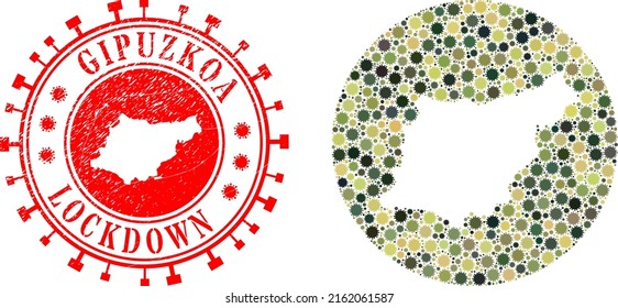 Vector mosaic Gipuzkoa Province map of virus outbreak elements and grunge LOCKDOWN seal stamp.