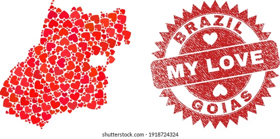 Mosaico vectorial Goias Mapa del estado de los ítems del corazón de amor y estampado del sello de mi amor. Mapa geográfico mosaico del estado de Goias construido con corazones valentinos.