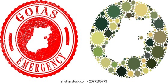 Mosaico vectorial Goias Mapa estatal de elementos cómodos y sello de sello de EMERGENCIA grunge.