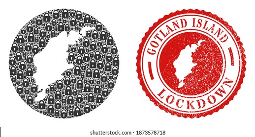 Mosaico vectorial de la isla de Gotland mapa de cerraduras y sello de sello de sello LOCKDOWN. Mapa geográfico mosaico de la isla Gotland diseñado como sustracción de forma redonda con cerraduras negras.