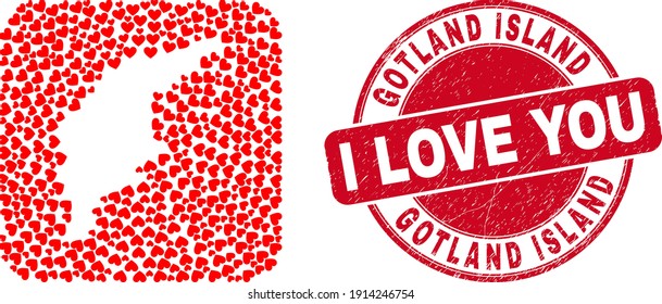 Mosaico vectorial de la isla Gotland mapa de los ítems cardíacos valentinos y sello de sellado amoso grunge. Mapa geográfico musulmán de la isla Gotland diseñado como un lápiz de forma cuadrada redondeada con corazones amorosos.