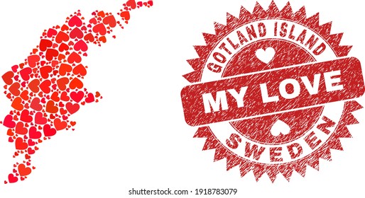 Vector mosaic Gotland Island map of lovely heart items and grunge My Love badge. Mosaic geographic Gotland Island map designed with lovely hearts.