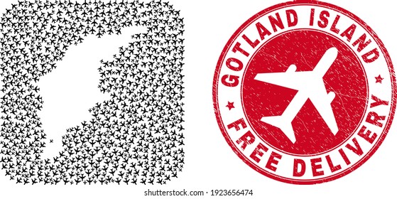 Vektor Mosaik Gotland Insel Karte von Luftwaffenartikeln und grunge Free Delivery Siegel. Mosaik Geografische Gotland-Inselkarte als Loch vom abgerundeten Platz mit wegfliegenden Flugzeugen entworfen.