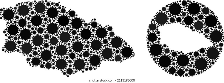 Mosaico vectorial de la isla Gozo de los ítems covid-2019. Mapa geográfico mosaico de la isla Gozo diseñado como esténcil de círculo con elementos del virus de la gripe en colores negros. Abstracción por advertencias de aislamiento.