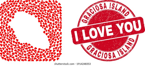 Vector mosaic Graciosa Island map of love heart items and grunge love seal. Mosaic geographic Graciosa Island map designed as subtraction from rounded square with love hearts.