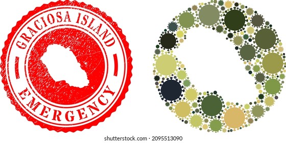 Vector mosaic Graciosa Island map of flu virus items and grunge EMERGENCY seal.