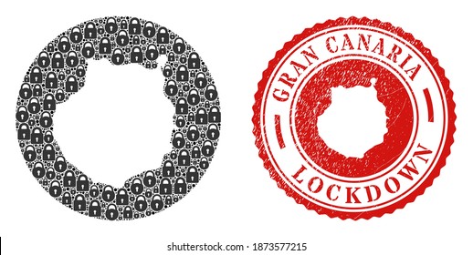 Mosaico vectorial Gran Canaria mapa de cerraduras y estampado de LOCKDOWN. Mapa geográfico mosaico de Gran Canaria creado como hoyo de forma redonda con cerraduras negras.