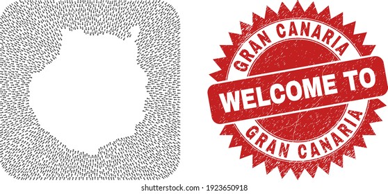 Vector mosaic Gran Canaria map of direction arrows and rubber Welcome badge. Mosaic geographic Gran Canaria map designed as carved shape from rounded square with direction arrows.