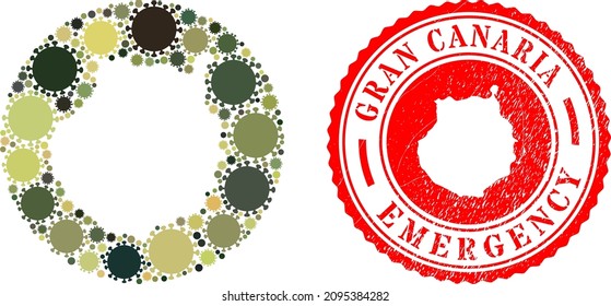 Vector mosaic Gran Canaria map of covid-2019 elements and grunge EMERGENCY seal stamp.