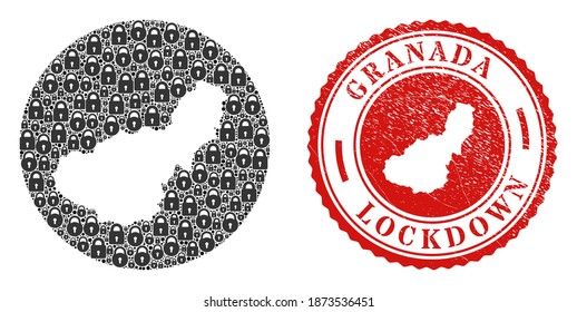 Vector mosaic Granada Province map of locks and grunge LOCKDOWN stamp. Mosaic geographic Granada Province map constructed as subtraction from circle with black locks.