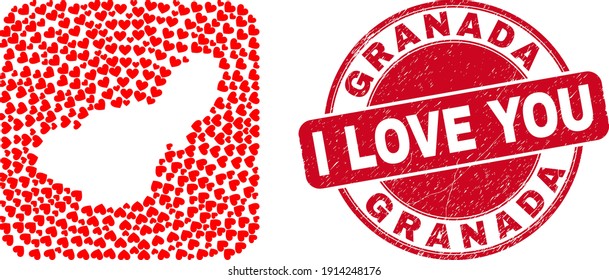 Vector mosaic Granada Province map of lovely heart items and grunge love stamp. Mosaic geographic Granada Province map constructed as carved shape from rounded square shape with love hearts.