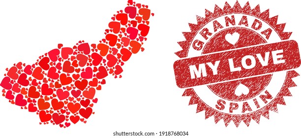 Vector mosaic Granada Province map of love heart elements and grunge My Love badge. Mosaic geographic Granada Province map constructed with lovely hearts.