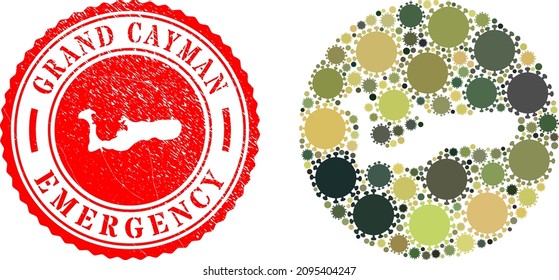 Vector Mosaic Grand Cayman Island Map Of Sars Virus Elements And Grunge EMERGENCY Stamp.