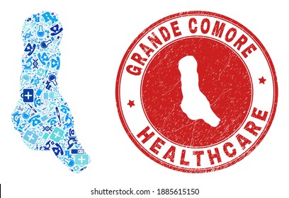 Vector mosaic Grande Comore Island map with healthcare icons, labs symbols, and grunge healthcare seal stamp. Red round imprint with corroded rubber texture and Grande Comore Island map text and map.