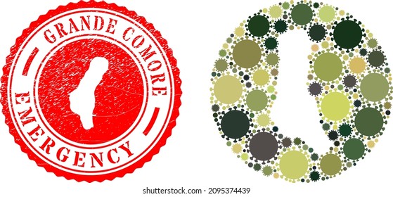 Vector mosaic Grande Comore Island map of virus elements and grunge EMERGENCY seal stamp.