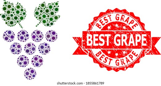 Vector mosaic grape of flu virus, and Best Grape unclean ribbon seal. Virus particles inside grape mosaic. Red seal contains Best Grape tag inside ribbon.
