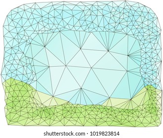 Vector mosaic grassy field under the blue sky. The imitation of vitrage or stained-glass window. Green and blue low polygonal triangular background.