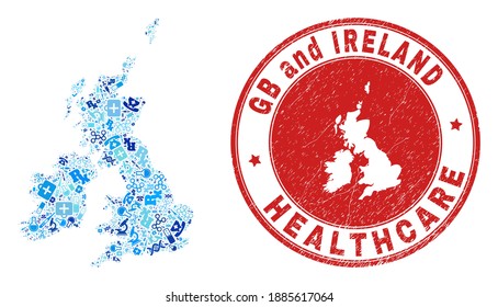 Vector mosaic Great Britain and Ireland map with medical icons, analysis symbols, and grunge doctor rubber imitation.