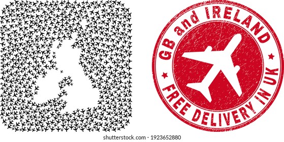 Vector mosaic Great Britain and Ireland map of aeroplane elements and grunge Free Delivery seal.